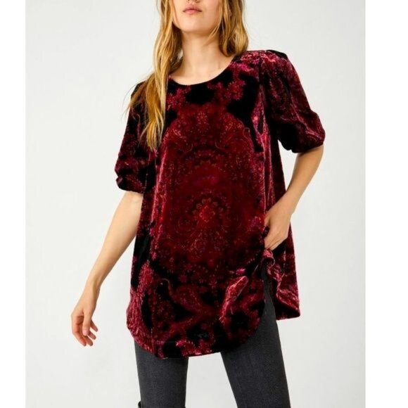 Free People Velvet Paisley Tunic Dress L Pink & Black - Picture 1 of 7